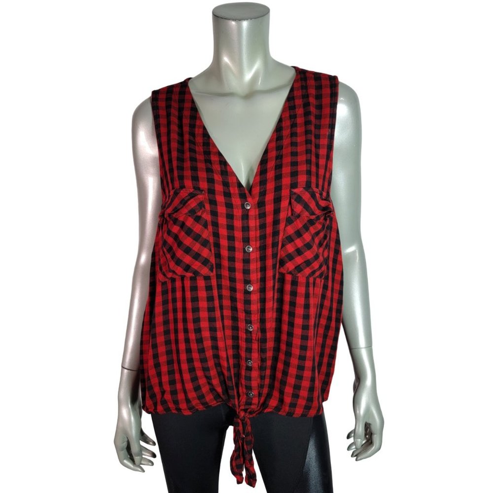 Rock & Republic‎ Top Plus Size XXL Red Gingham Tie Front Sleeveless Pockets Red